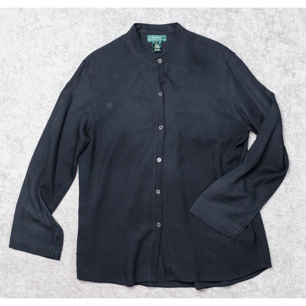 Lauren Ralph Lauren Black 100% Silk Button Down Collarless Shirt Womens Size L